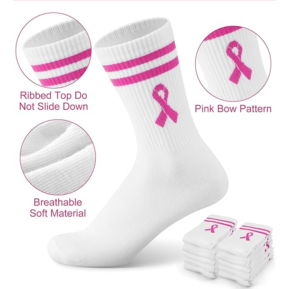 Pink Ribbon Volleyball Crew Socks - White